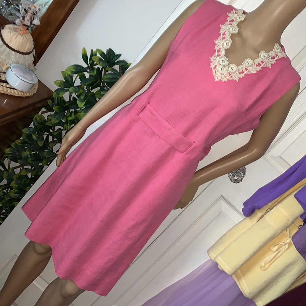 Vintage 1960's MOD Pink mini dress with pockets pure Irish linen  S M